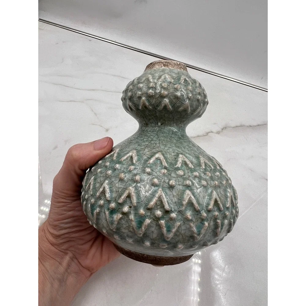 Celadon Green Crackle Glaze Double Gourd Ceramic Vase Studio Pottery 5.5